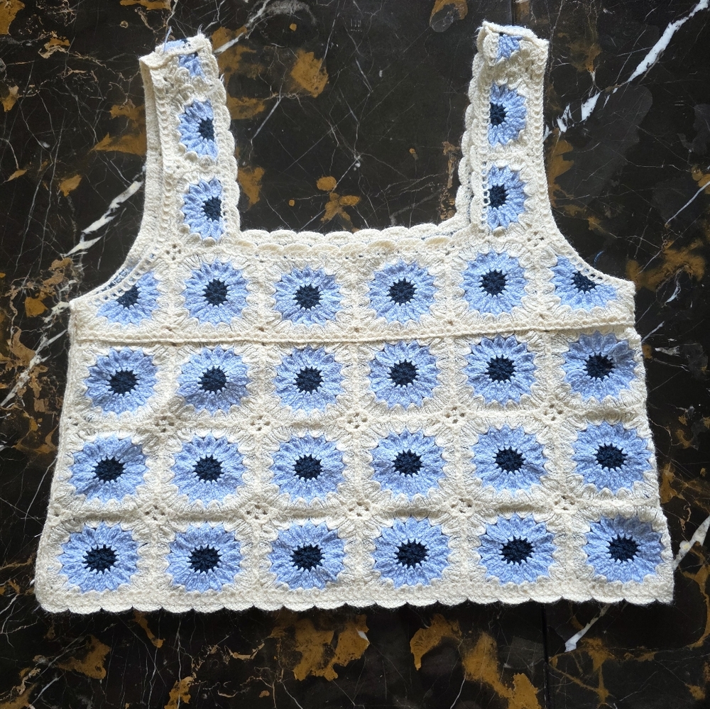 Rebellion Blue and White Crocheted Granny Square Tank Top Wide Strap Sz S